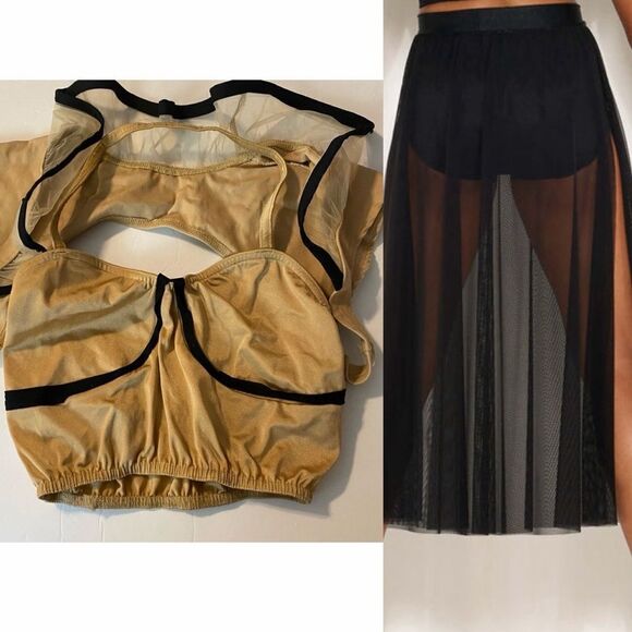 Kelle Other - Kelle dance costume tan black bolero ruffle jacket corset crop skirt 4400 MA adu